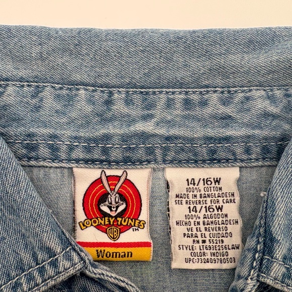 Vintage 2000 Looney Tunes Tweety Bird Denim Button Up Shirt Women 14/16W - Picture 11 of 13